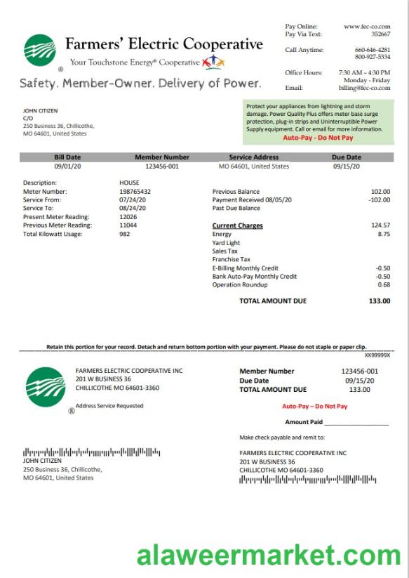 USA Ohio Farmer's Electric Cooperative utility bill template in Word an PDF format